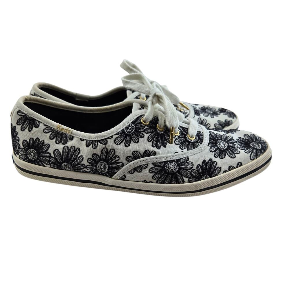 Keds x Kate Spade Sneakers Womens 9.5 Ivory White‎ Black Floral Embroidered Prep